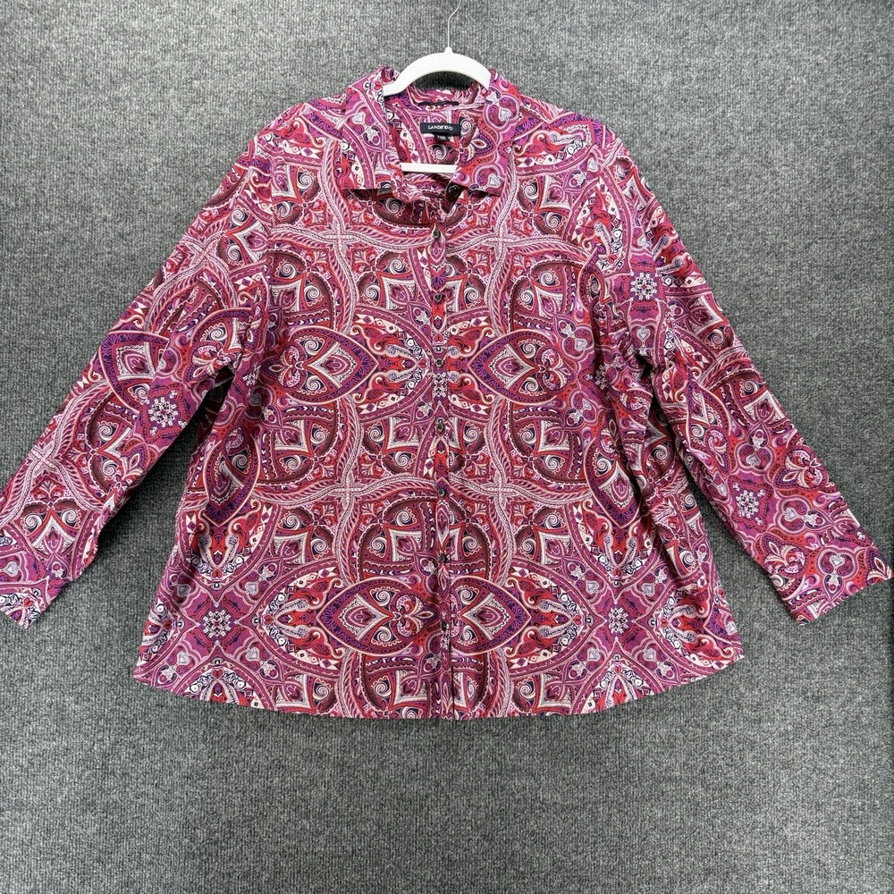 Lands End Shirt Womens 24W Pink Paisley Button Up Non Iron Office Casual Boho